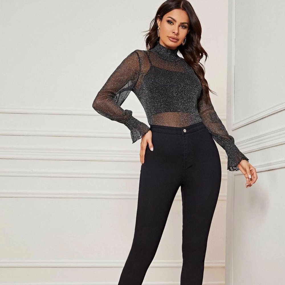 3/$25💦Black Sheer LS Top with ruffled sheer NWOT - Picture 5 of 9
